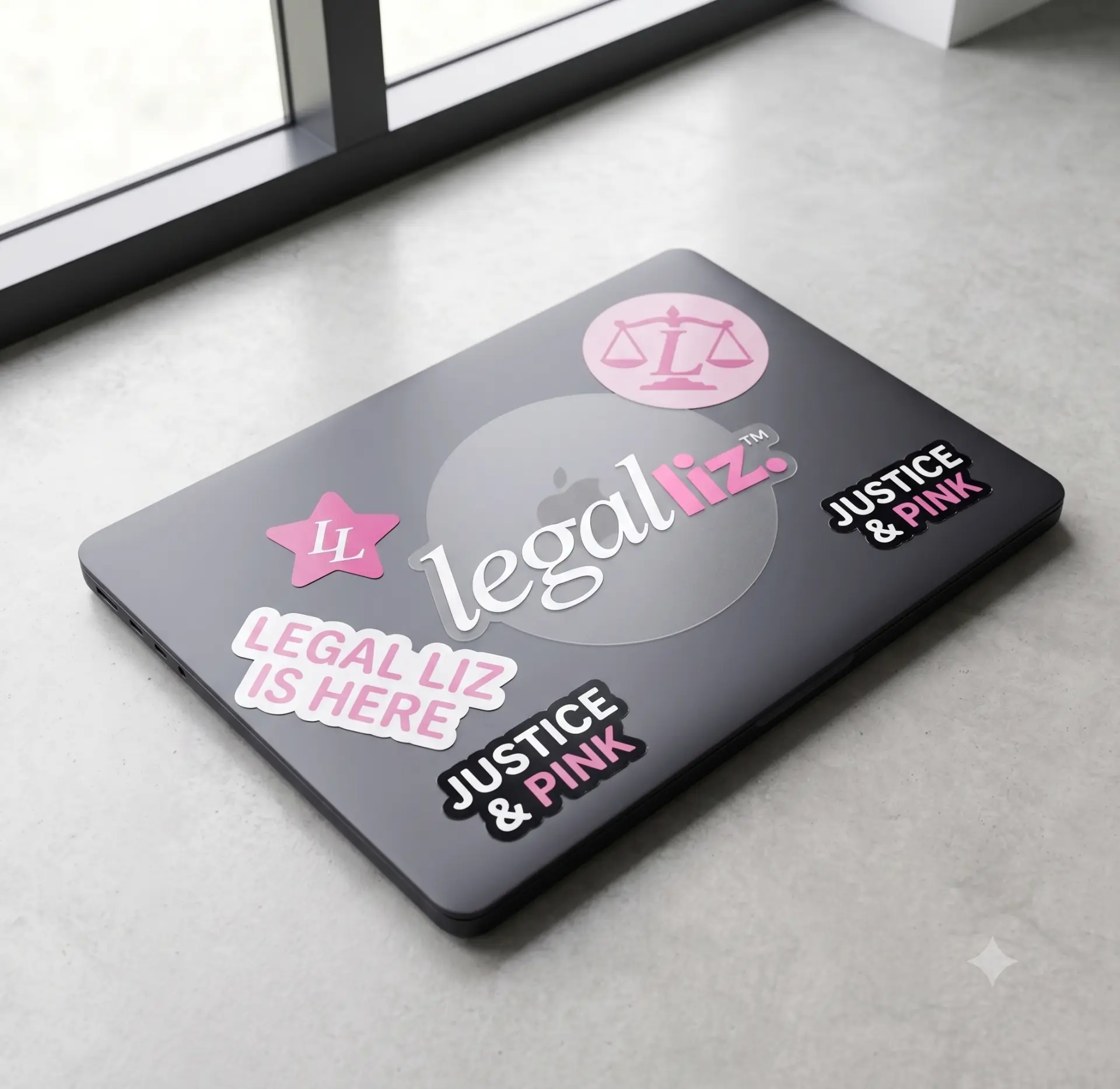 LegalLIZ vinyl sticker set applied to a laptop lid, including the legalliz. wordmark, pink star and 'Justice & Pink' decals